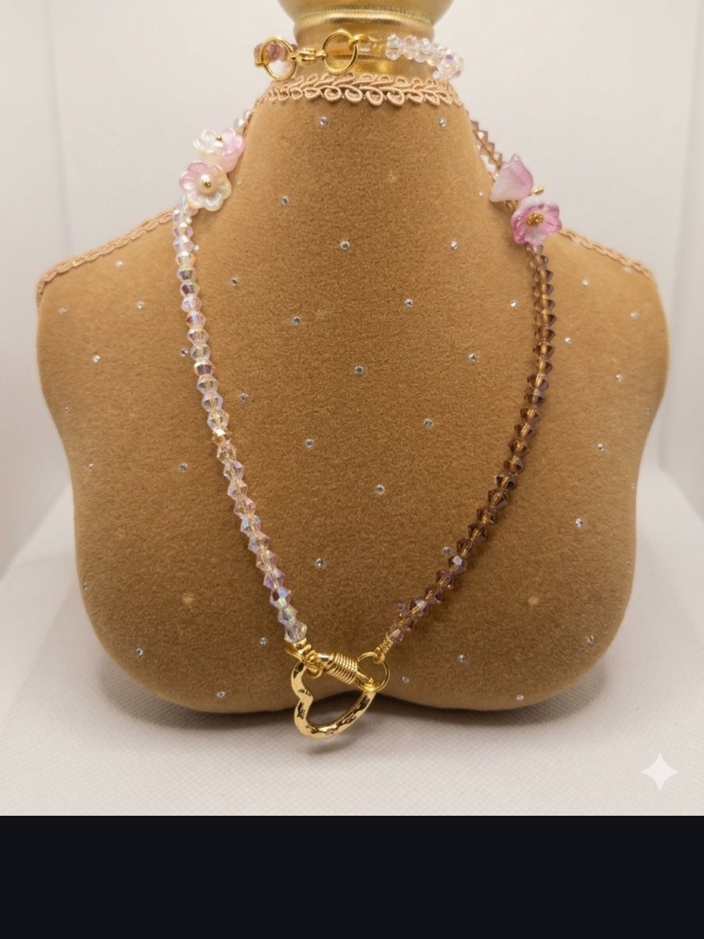 Crystal Bead Butterfly Flower Pink and Purple Iridescent Necklace